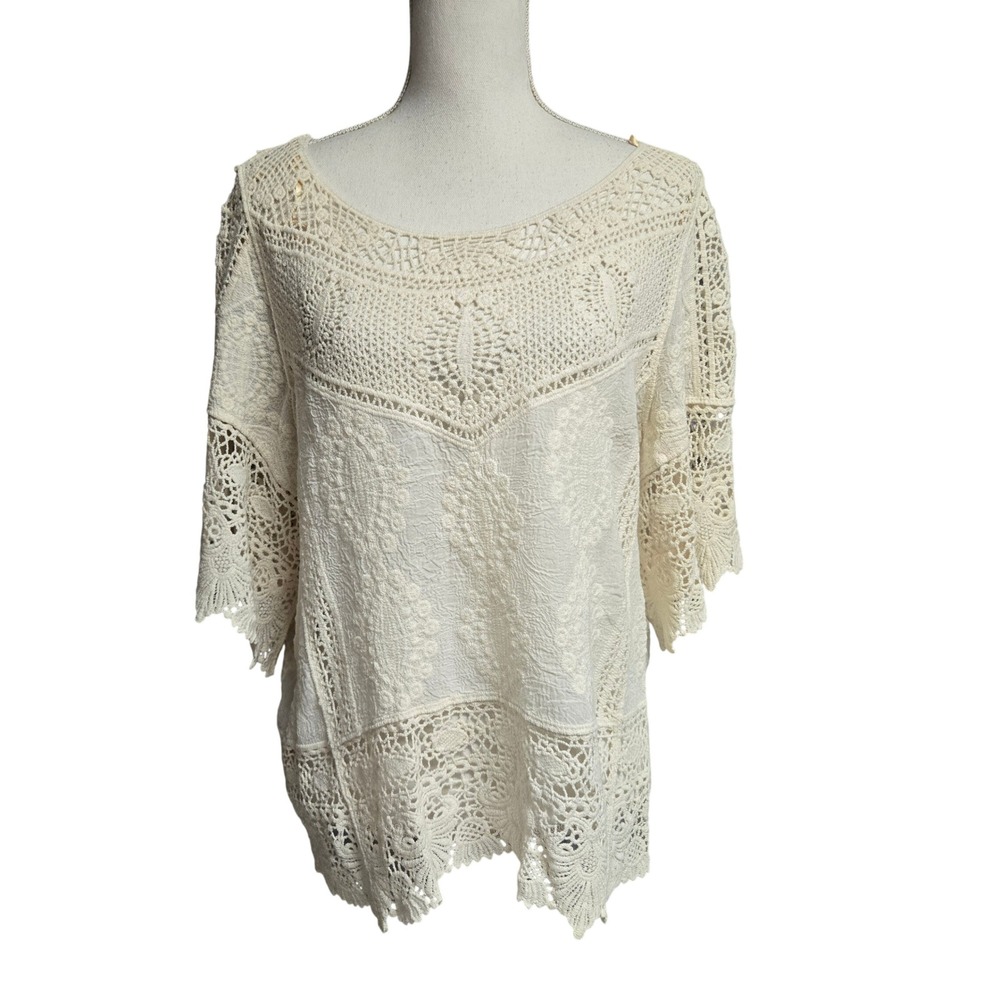 Democracy  Crochet Lace Embroidered Cotton Blouse Cream Boho Women's Size L